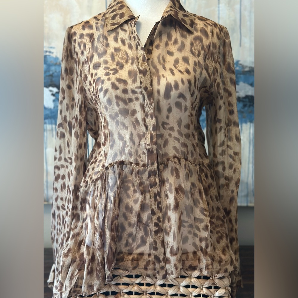 Anthropologie Blue Tassel Sheer Leopard Print Blouse